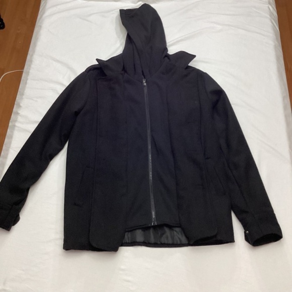 Mens Black Wool Blend Hooded Jacket Military Style Coat Small